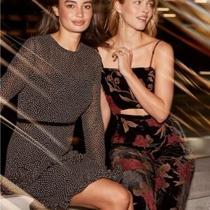 Lulu’s Floral To See Black Polka Dot Long Sleeve Mini Dress S